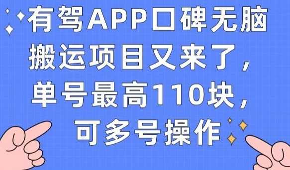 有驾APP口碑无脑搬运项目又来了，单号zui高110块，可多号操作